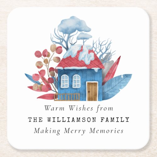 VINTAGE WATERCOLOR CHRISTMAS HOUSE PERSONALIZED  SQUARE PAPER COASTER