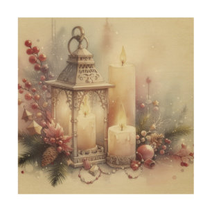 Vintage Watercolor Christmas Lantern and Ornaments Wood Wall Art