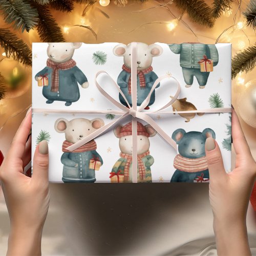 Vintage Watercolor Christmas Mouse  Wrapping Paper