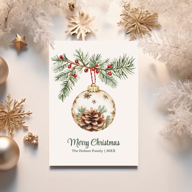 Vintage Watercolor Christmas Ornament Holiday Card (Vintage Watercolor Christmas Ornament Holiday Card surrounded with golden Christmas ornaments.)