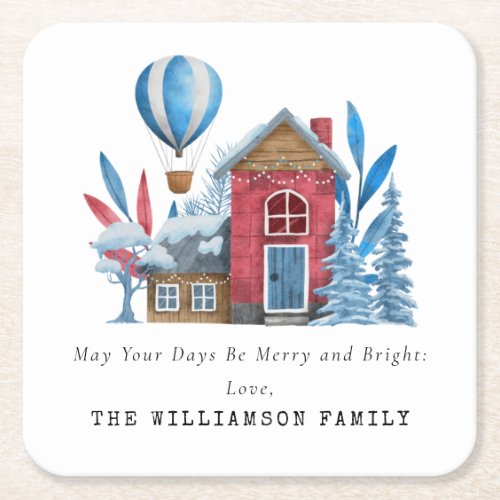 VINTAGE WATERCOLOR CHRISTMAS PERSONALIZED FAMILY SQUARE PAPER COASTER