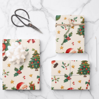 Vintage Watercolor Christmas Santa Reindeer Wrapping Paper Sheets