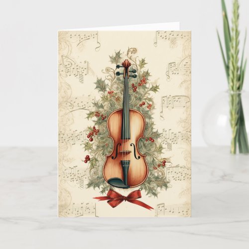 Vintage Watercolor Christmas Sheet Music Violin Holiday Card