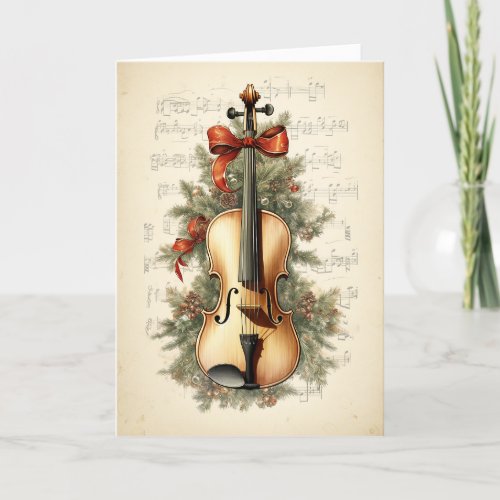 Vintage Watercolor Christmas Sheet Music Violin Holiday Card