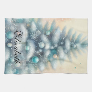 Vintage Watercolor Christmas Tree and Ornaments Kitchen Towel