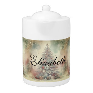 Vintage Watercolor Christmas Tree and Ornaments Teapot