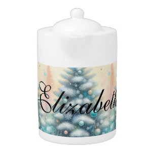 Vintage Watercolor Christmas Tree and Ornaments Teapot