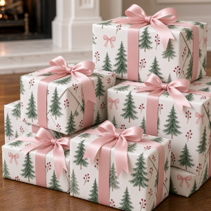 Vintage Watercolor Christmas Tree Pink Ribbon Bow  Wrapping Paper