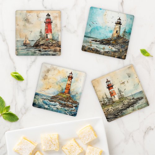 Vintage Watercolor Coastal Lighthouses Coaster Set