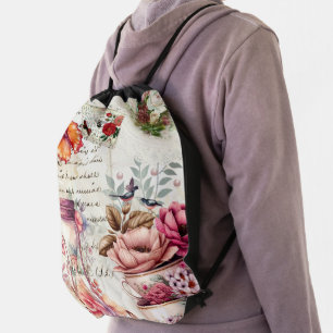 Vintage Watercolor Collage Drawstring Bag