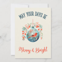 Vintage Watercolor Cool Blue & Red Bird Christmas