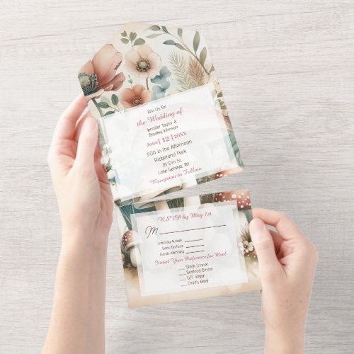 Vintage Watercolor Cottage Core Wedding All In One Invitation