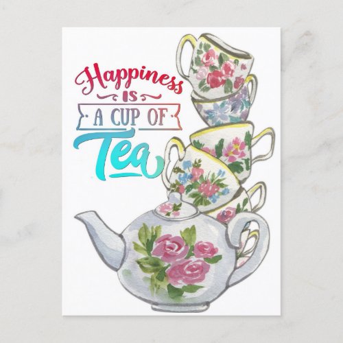 Vintage Watercolor Cup of Hot Tea Happiness Postcard