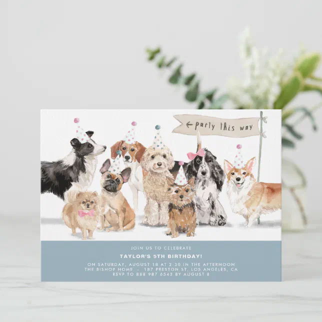Vintage Watercolor Cute Dogs Blue Birthday Invitation | Zazzle