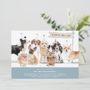 Vintage Watercolor Cute Dogs Blue Birthday Invitation
