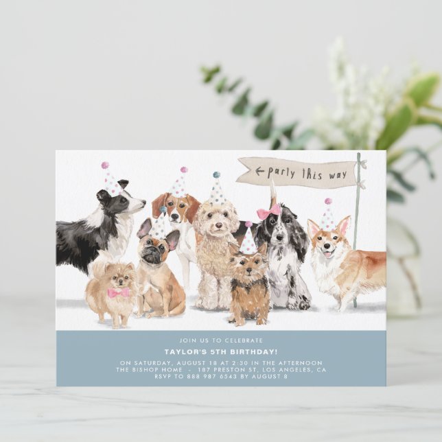 Vintage Watercolor Cute Dogs Blue Birthday Invitation (Standing Front)