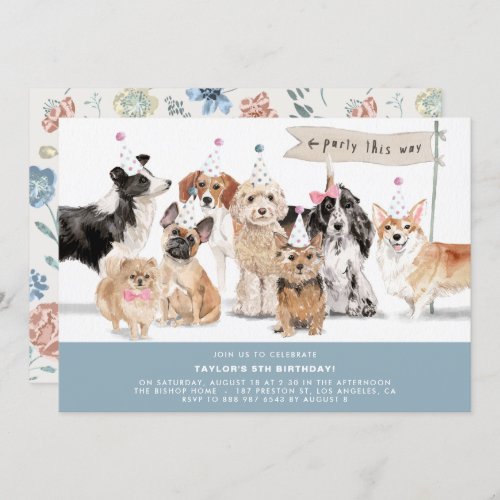 Vintage Watercolor Cute Dogs Blue Birthday Invitation