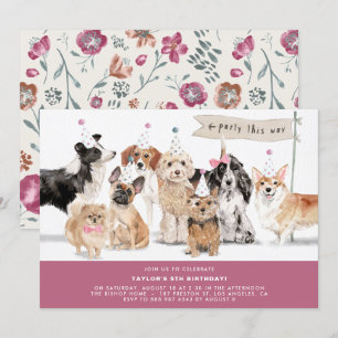 Vintage Watercolor Cute Dogs Burgundy Birthday Invitation