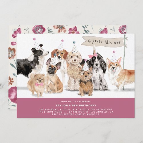 Vintage Watercolor Cute Dogs Burgundy Birthday Invitation