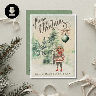 Vintage Watercolor Dachshund Dog Holiday Card