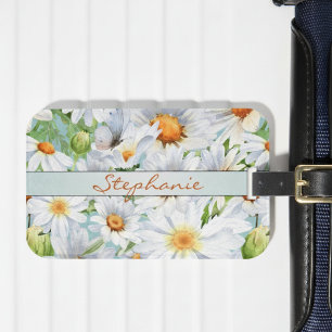 Vintage Watercolor Daisies and Butterfly Monogram Luggage Tag
