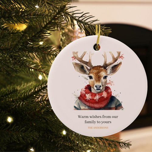 Vintage Watercolor Deer  Merry Christmas Ceramic Ornament