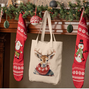 Vintage Watercolor Deer &. Merry Christmas Tote Bag