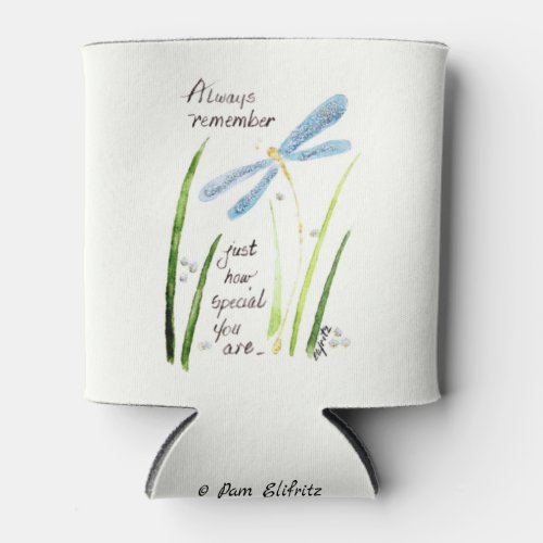 Vintage Watercolor Dragonfly Always Remember text  Can Cooler