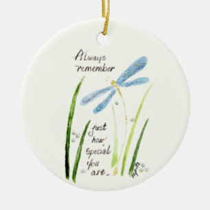 Vintage Watercolor Dragonfly Always Remember text  Ceramic Ornament