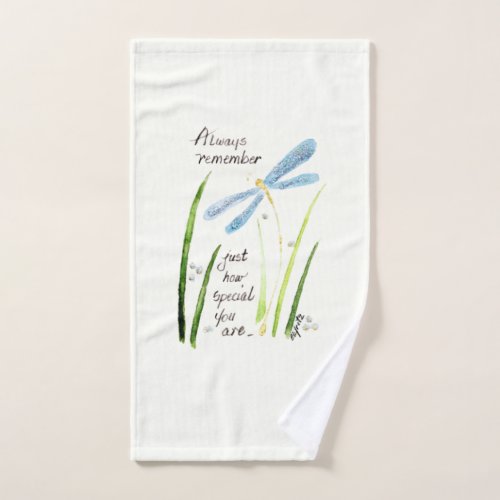 Vintage Watercolor Dragonfly Always Remember text Hand Towel