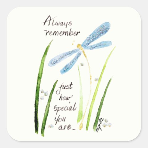 Vintage Watercolor Dragonfly Always Remember text Square Sticker