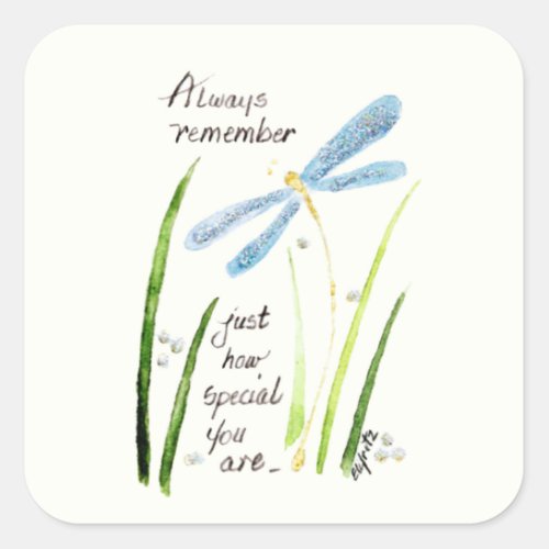 Vintage Watercolor Dragonfly Always Remember text  Square Sticker