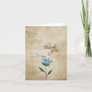 Vintage Watercolor Dragonfly and Blue Flower Thank You Card