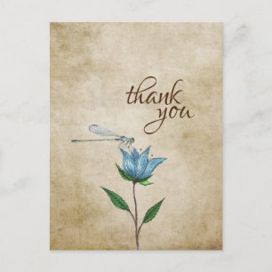 Vintage Watercolor Dragonfly Blue Flower Thank You Postcard