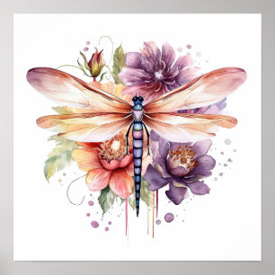Vintage Watercolor Dragonfly & Flowers Poster