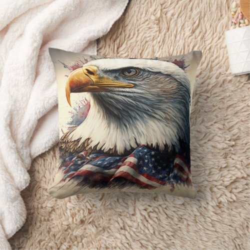 Vintage Watercolor Eagle with  Flag of America Throw Pillow