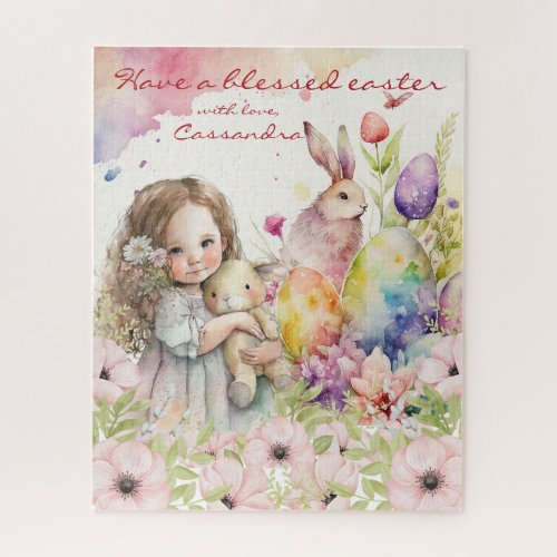 Vintage Watercolor Easter Bunny Cute Little Girl Jigsaw Puzzle