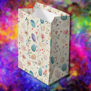 Vintage Watercolor Easter Flowers Leaves Eggs Medium Gift Bag