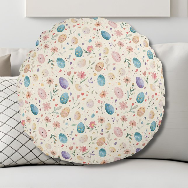 Vintage Watercolor Easter Flowers Leaves Eggs Round Pillow (Creator Uploaded)