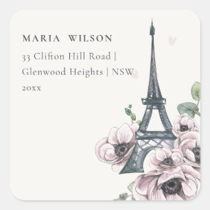 Vintage Watercolor Eiffel Tower Floral Address Square Sticker