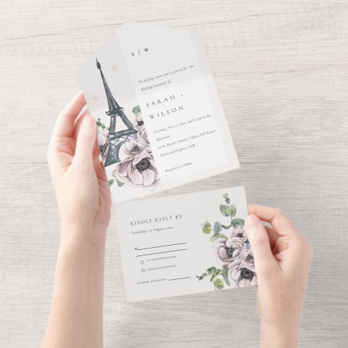 Vintage Watercolor Eiffel Tower Floral Wedding All In One Invitation