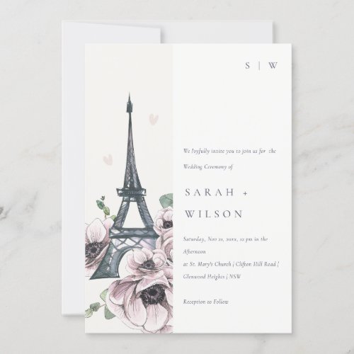 Vintage Watercolor Eiffel Tower Floral Wedding Invitation