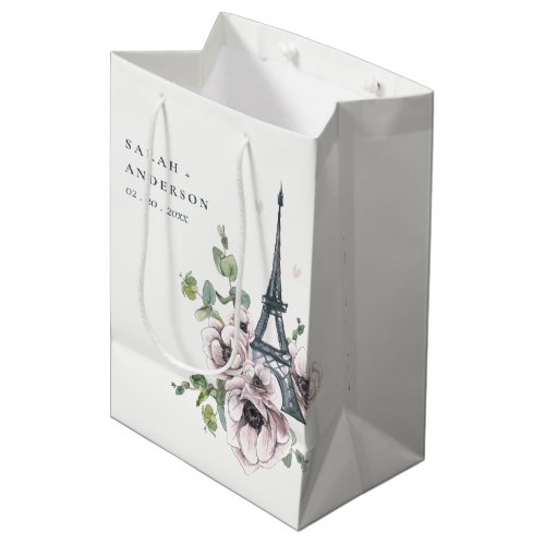 Vintage Watercolor Eiffel Tower Floral Wedding Medium Gift Bag