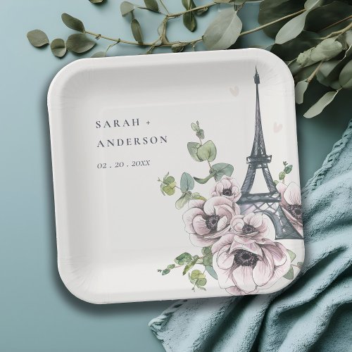 Vintage Watercolor Eiffel Tower Floral Wedding Paper Plates