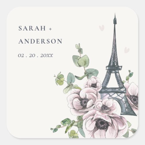 Vintage Watercolor Eiffel Tower Floral Wedding Square Sticker