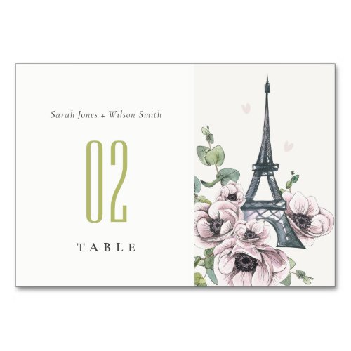 Vintage Watercolor Eiffel Tower Floral Wedding Table Number