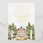 Vintage Watercolor English Manor Wedding Foil Invitation<br><div class="desc">Invite family and friends to your wedding with this vintage-inspired gold foil pressed wedding invitation. It features watercolour illustrations of a manor, greenery, birds, blue watercolor accent with an elegant script. This wedding invitation is perfect for spring, autumn and garden weddings. Personalize this watercolor wedding invitation by adding your wedding...</div>