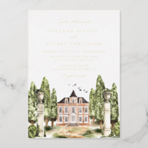 Vintage Watercolor English Manor Wedding Foil Invitation