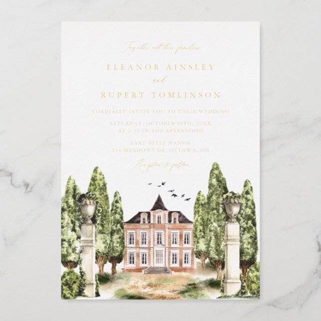 Vintage Watercolor English Manor Wedding Foil Invitation (Front)