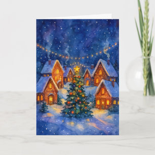 Vintage Watercolor Festive Night Village Christmas Holiday Card